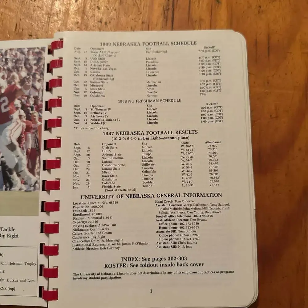 1988 Nebraska Cornhuskers Football Media Guide